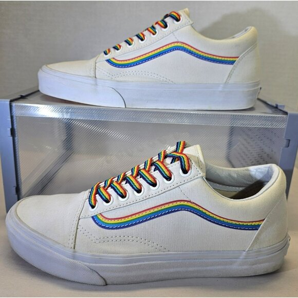 Vans Unisex Old Skool Pride White/ True White Rainbow Colorway Low Top Shoes - Picture 1 of 16